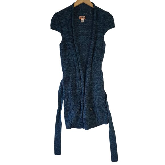 Mudd Y2K Blue Open Front Belt Cardigan Blue Short Sleeve Size M Boho Preppy - Picture 1 of 5